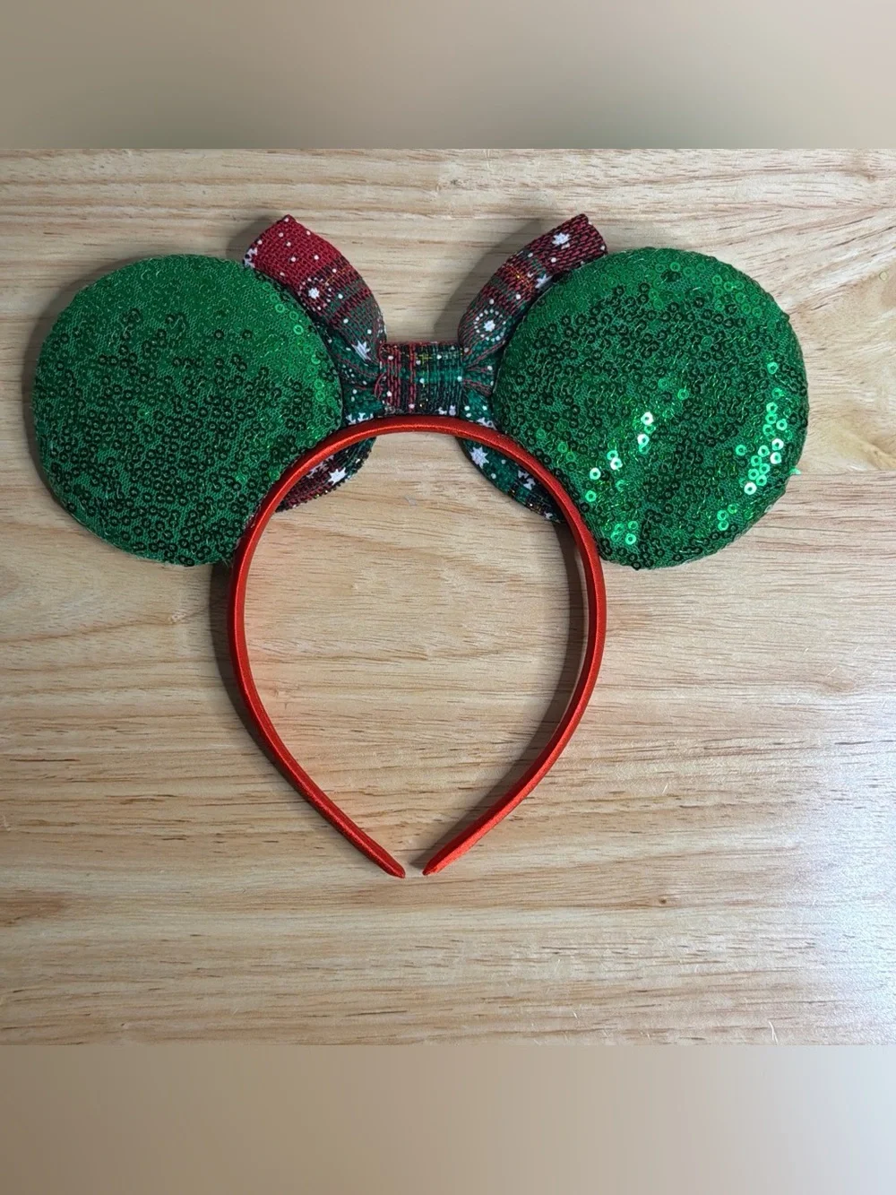 Festive Green Sequin Snowflake Mouse Ears Headband with Plaid Bow